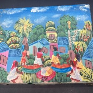 Alaby Original Haitian Folk art Painting 8” x 10” Flour Sack Canvas